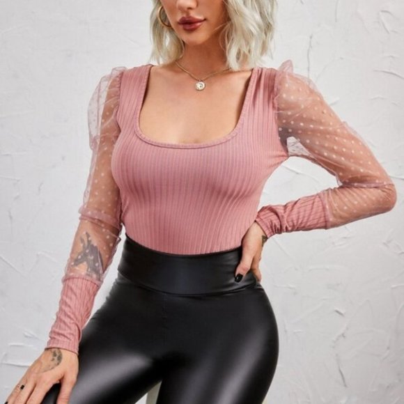undefined Tops - Dobby Mesh Gigot Sleeve Scoop Neck Top